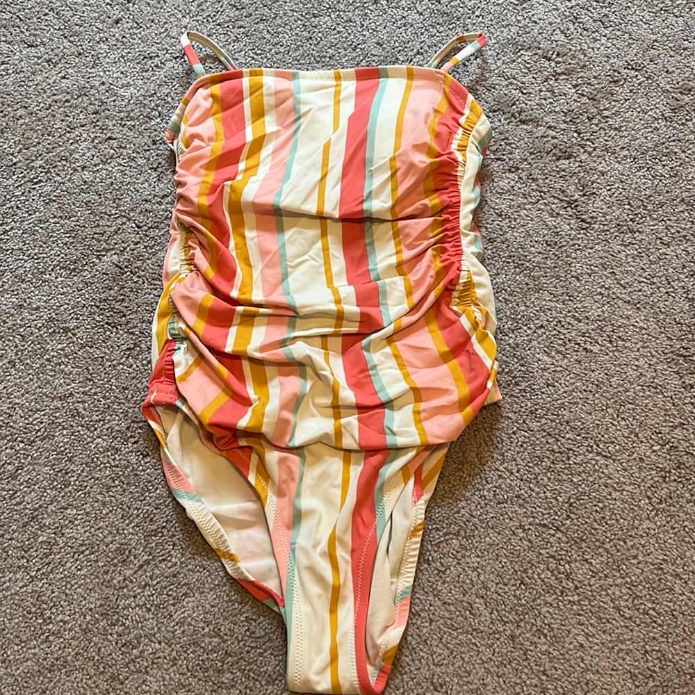 Multicolored Striped One Piece Swimsuit with Open Back - Size Large